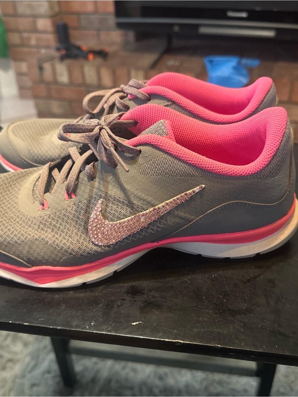 Nike Gray and Pink Women's Athletic Sneakers with Rhinestone Swoosh
